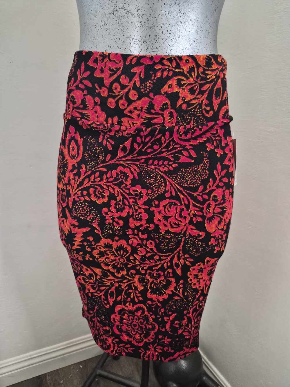LuLaRoe Black Pencil Skirt with Red, Pink & Orange Floral Print